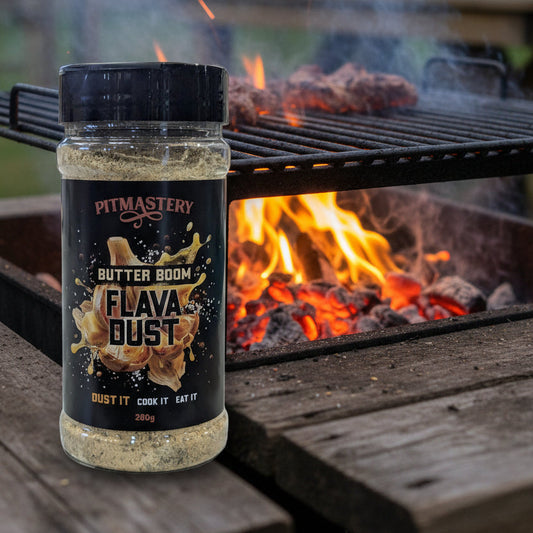 Pitmastery Flava Dust seasoning jar on a concrete surface
